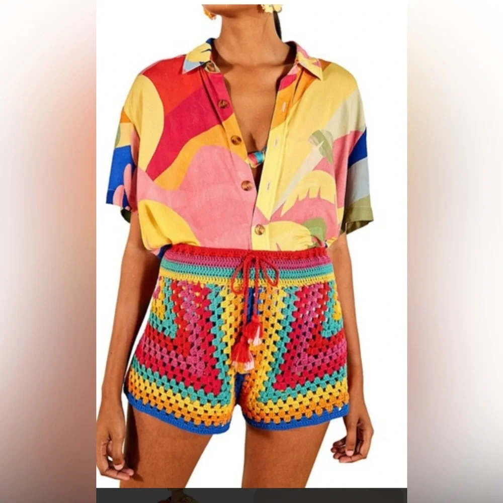 Farm Rio Striped Crochet Multicolor Shorts - Picture 1 of 4
